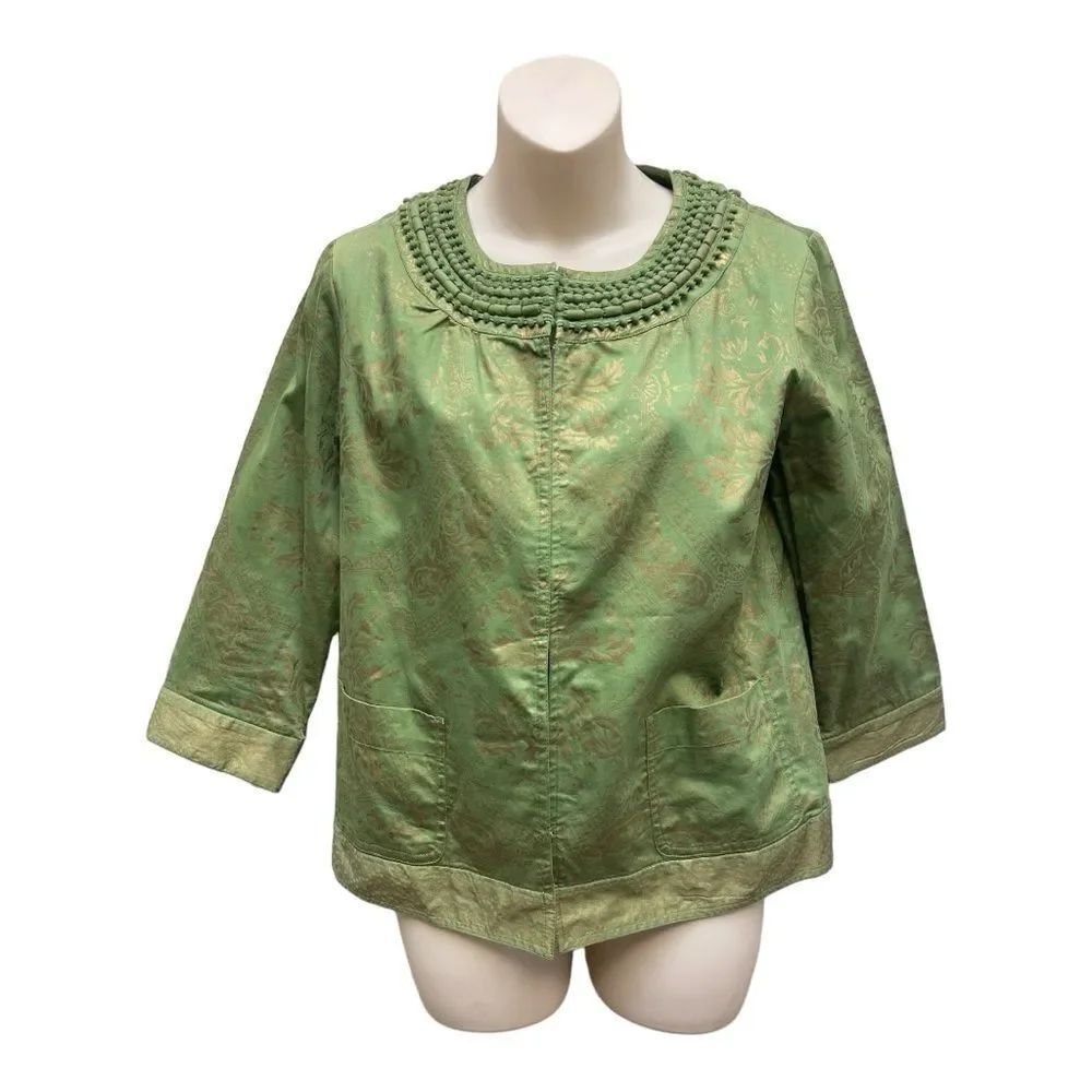 Chico’s Green Gold Shiny Cotton Embroidered Dots Trim Jacket Size 0 Small EUC